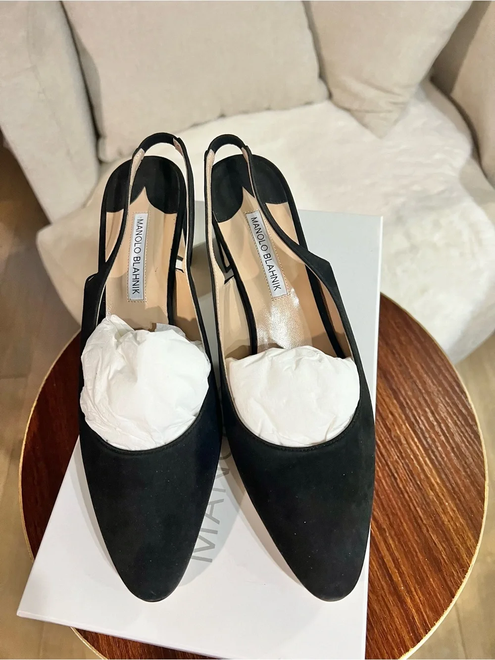 Manolo Blahnik Black Suede Pointed-Toe Slingback Pumps, size 39, New-in-box